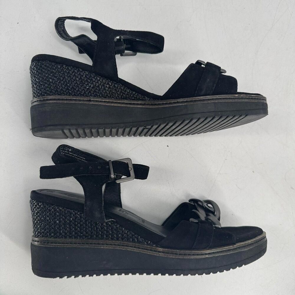 Tamaris Sandals Womens 38 Fits 7.5 Black Leather Casual Open Toe Wedge Buckle